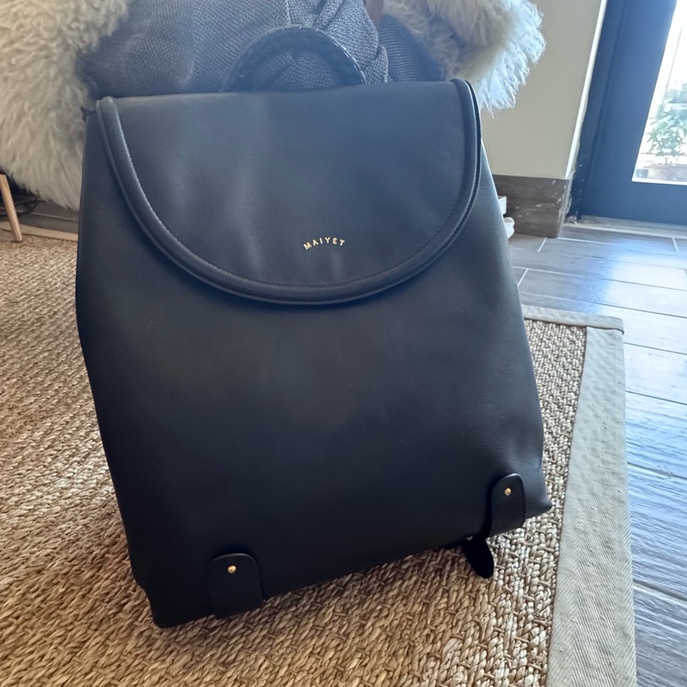 Gorgeous EUC Maiyet black leather backpack, woven handle, gold tone hardware